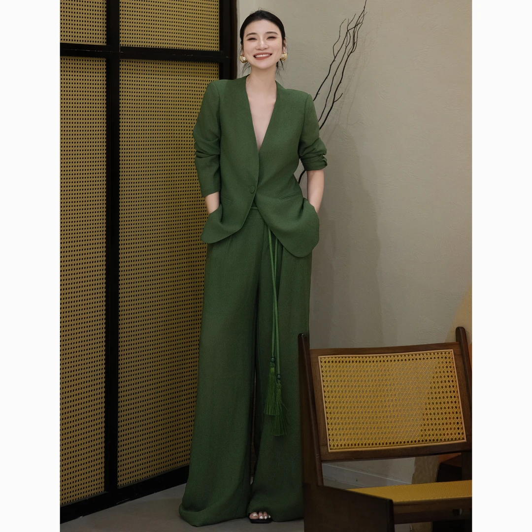 ZEROYK慵懒老钱风亚麻套装设计感宽松时尚西服阔腿裤两件套