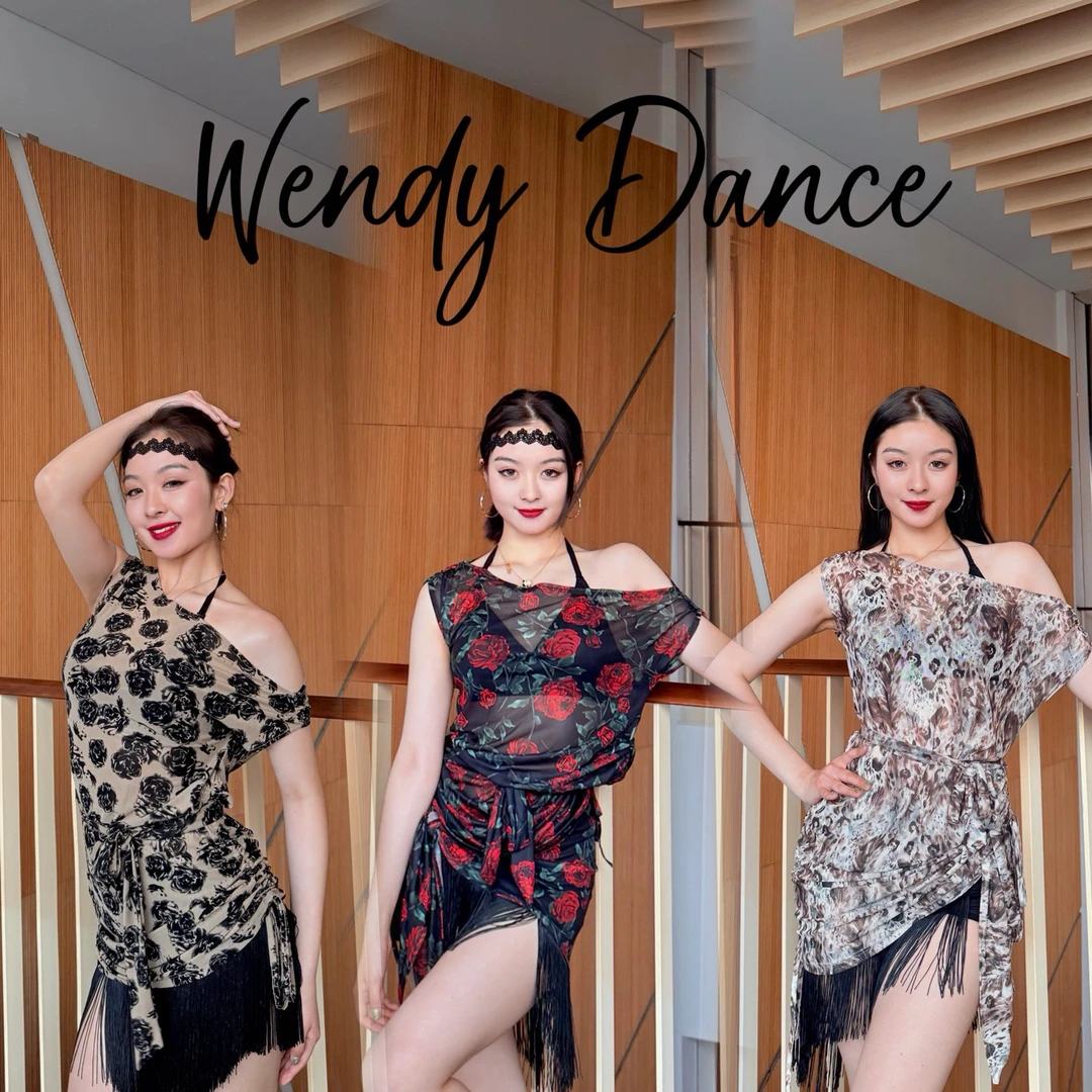 Wendy拉丁舞服玫瑰印花罩衫教师代课日常练功服