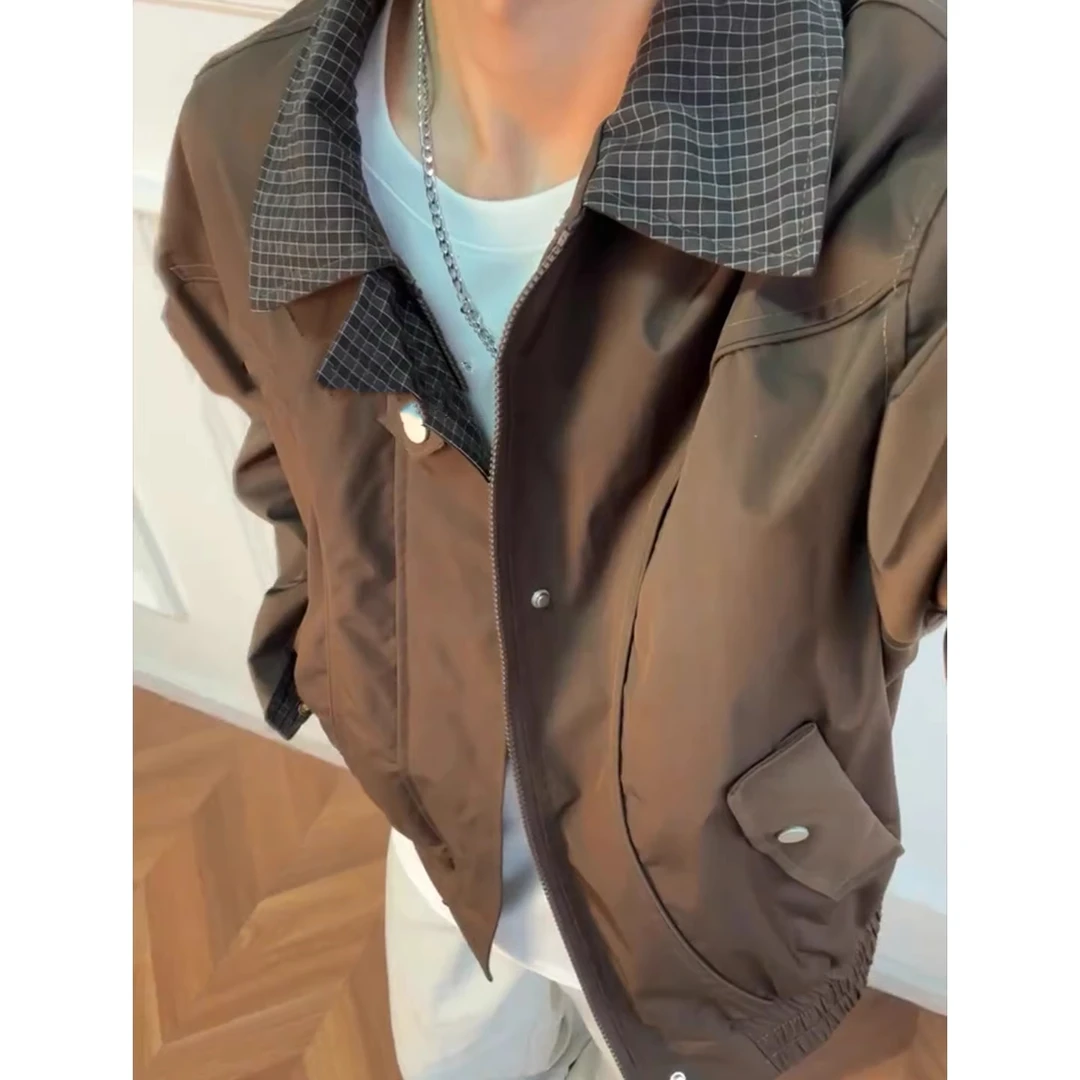 美拉德格纹拼接工装外套男秋季哈灵顿翻领棒球服意式短款飞行夹克