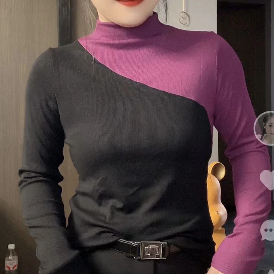 半高领撞色拼接印花义乌高档女士打底T恤内搭长袖洋气打底衫百搭