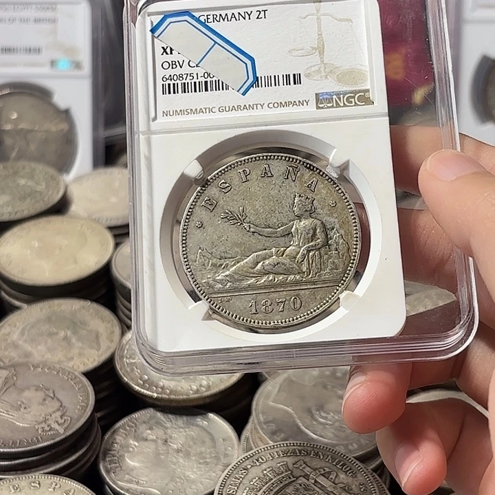 笑***变银Ag900西班牙双柱五比塞塔银币