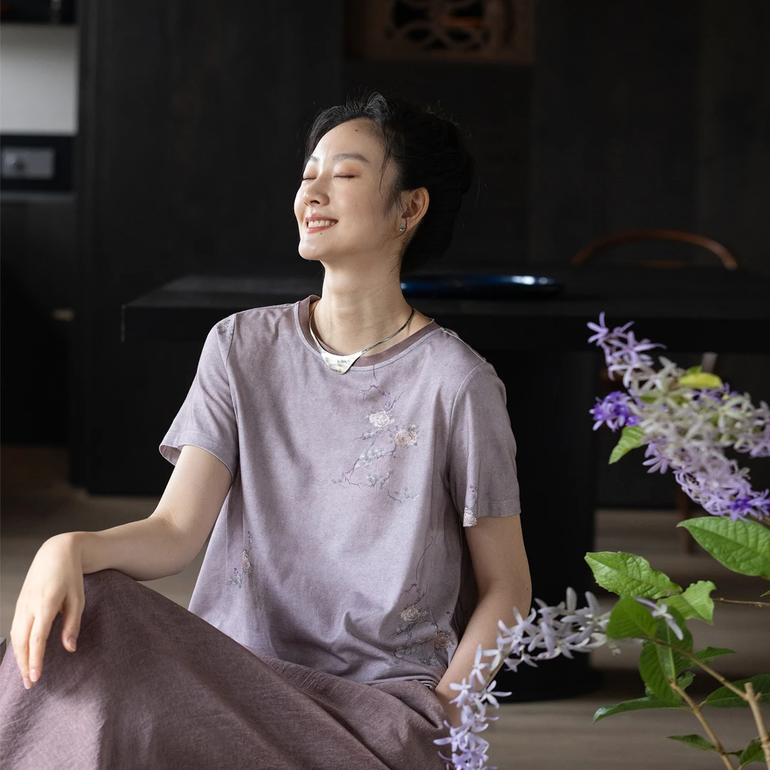 牧衣游原创 印染炒色T恤女夏新款休闲百搭复古文艺圆领短袖 竹枝