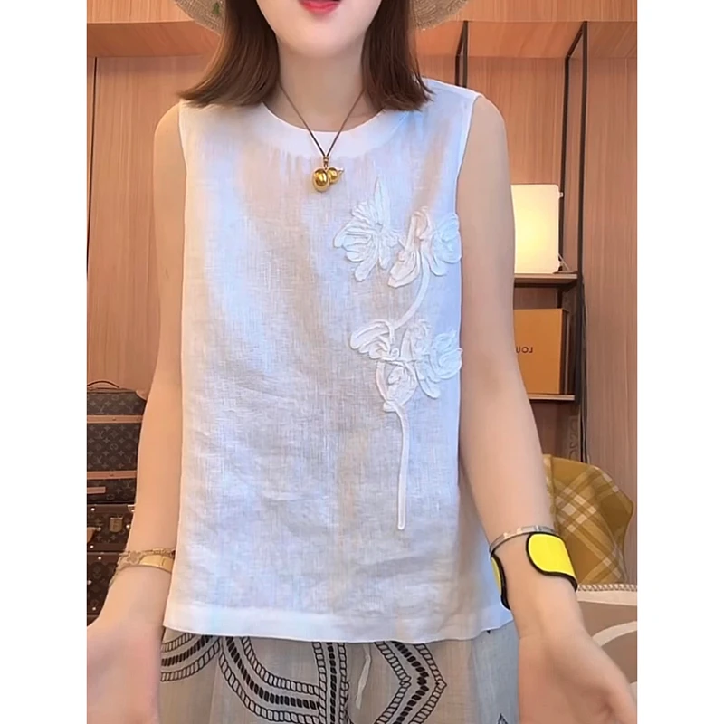 白色立体提花亚麻背心t恤女2025年夏季新款圆领无袖小衫减龄上衣
