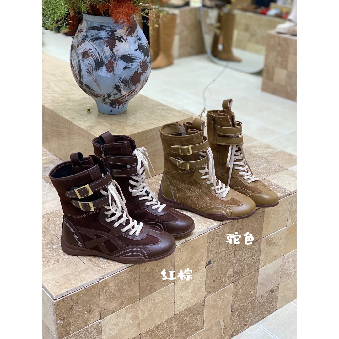 爱美丽-品运动美拉德棕色拳击登山咖色中筒短靴德训鞋短靴9030-1