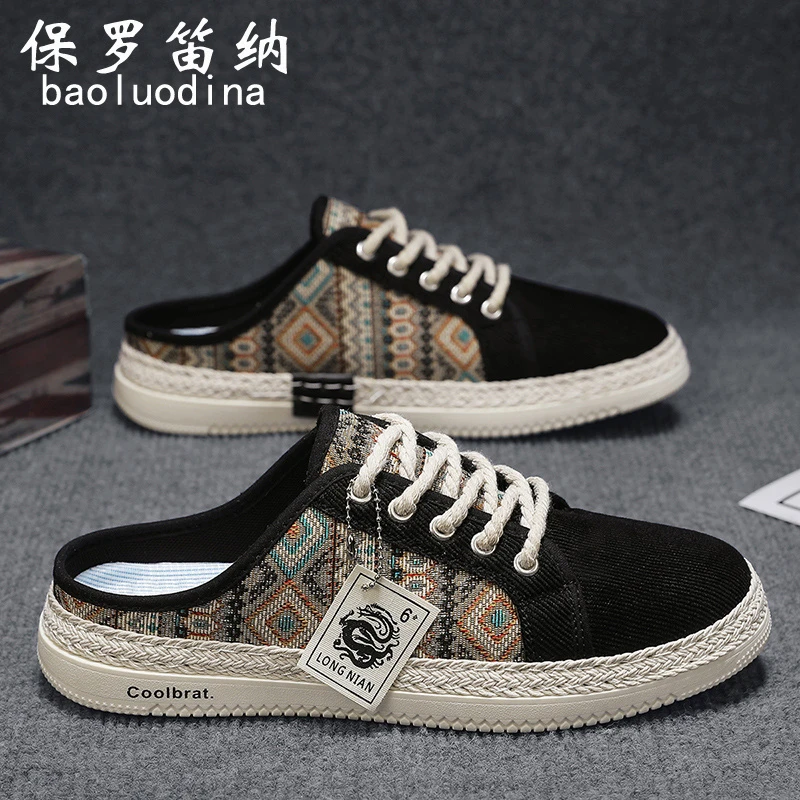 保罗笛纳帆布鞋男鞋夏季透气休闲一脚蹬布鞋男款懒人半拖鞋潮鞋子