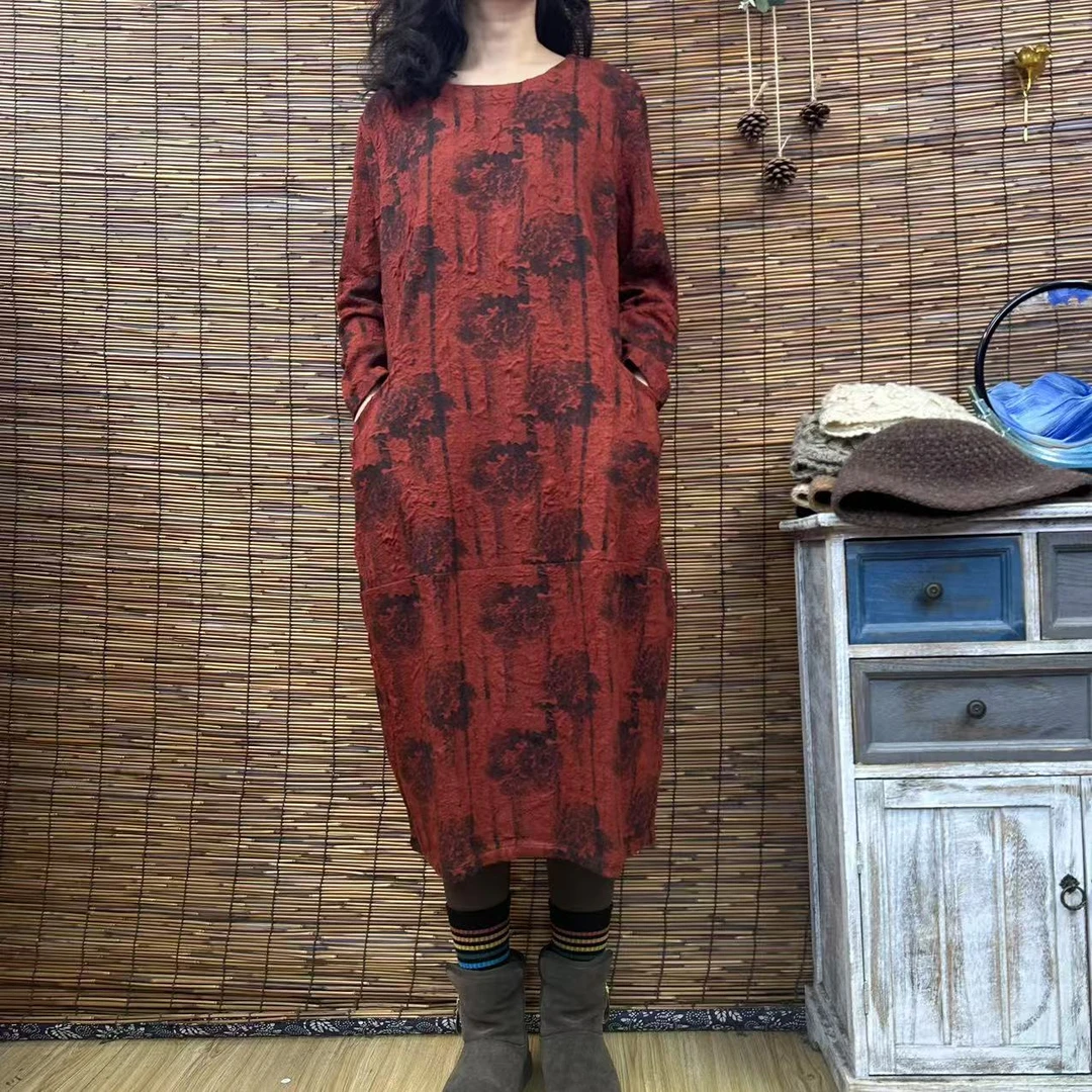 5923秋款新款秋冬红底黑牡丹文艺复古连衣裙