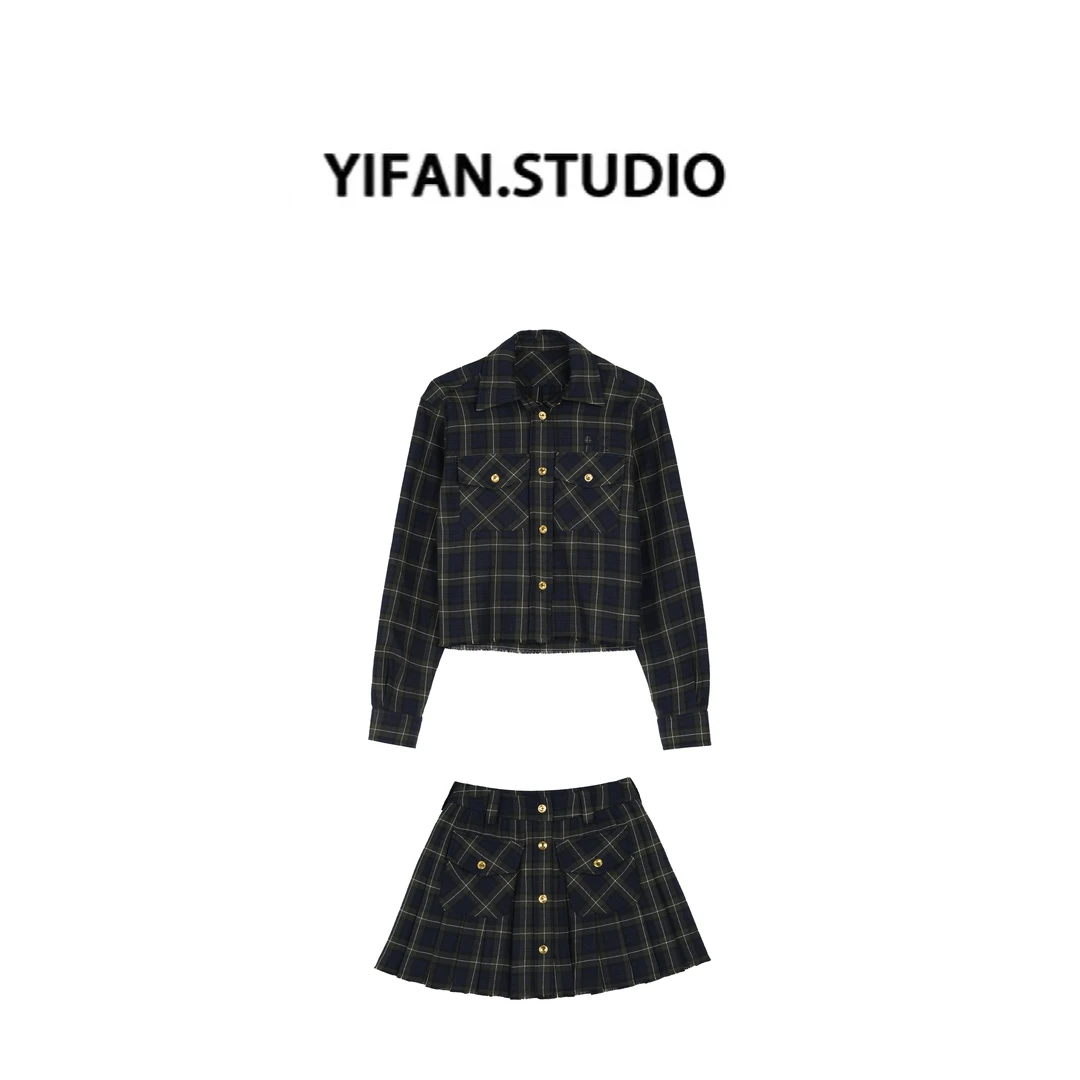 YIFAN 早春复古棕色/藏青格子休闲通勤衬衫百褶半身裙套装YF257
