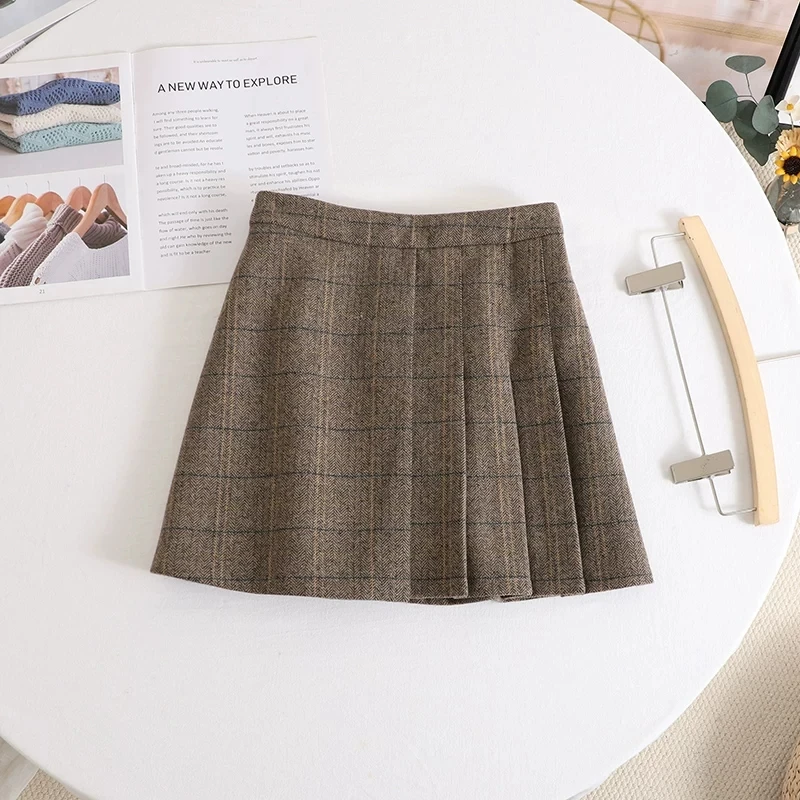 森系高腰薄款格子百褶裙半身裙春季毛呢A字短裙百搭显瘦韩版