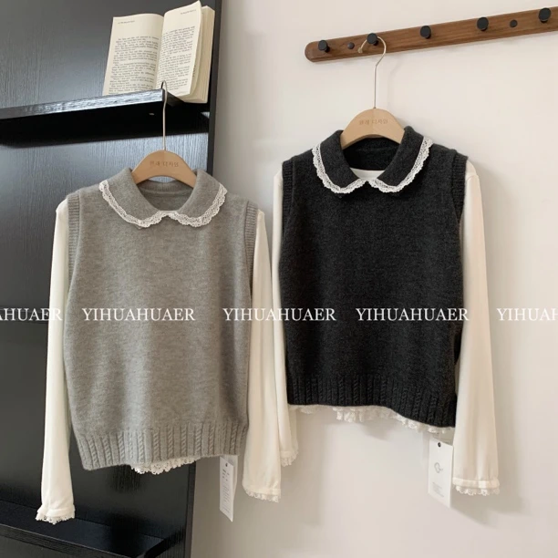 BHH-9956东大门韩国原单韩版蕾丝边娃娃领套头简约百搭背心马甲