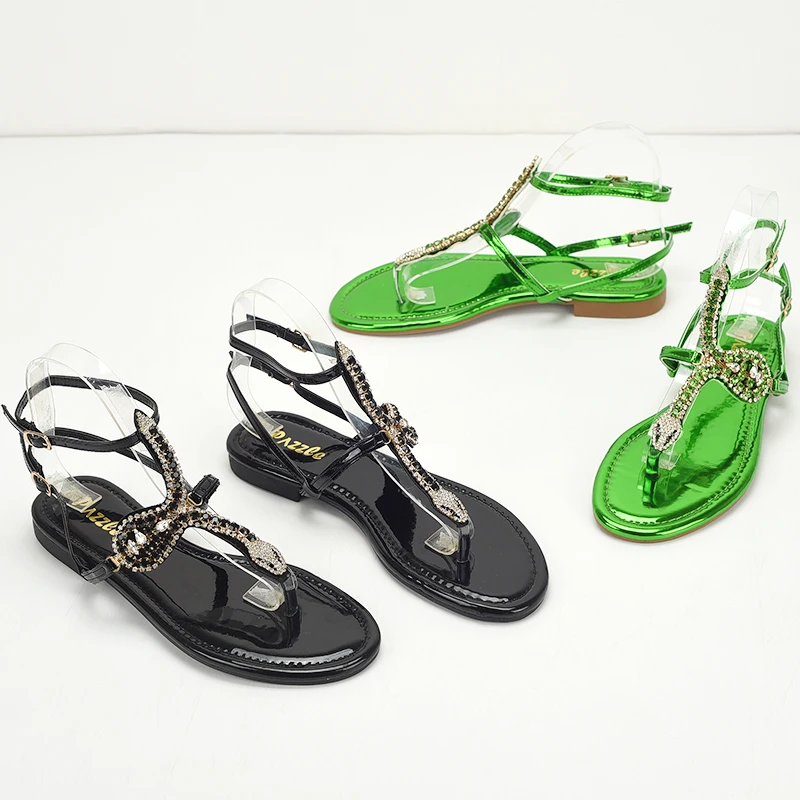 水钻蛇形平底夹趾罗马凉鞋女精致女人独特设计时尚舒适罗马鞋086