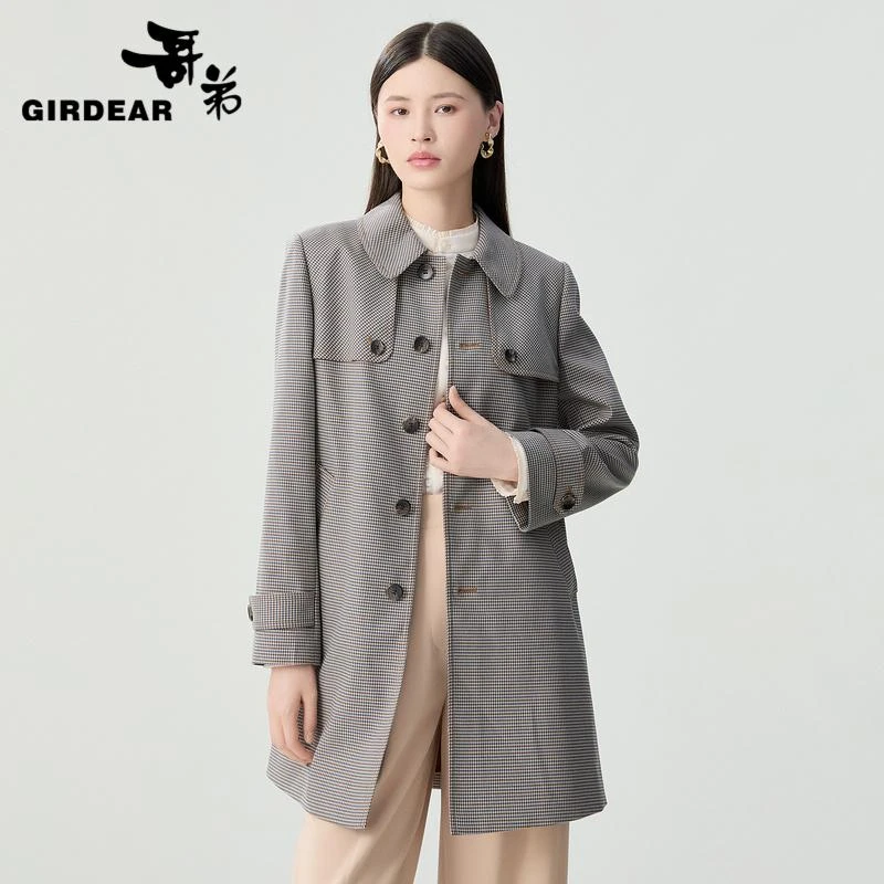 GIRDEAR/哥弟新款单排扣翻领复古英伦风小细格中长款外套 1400763