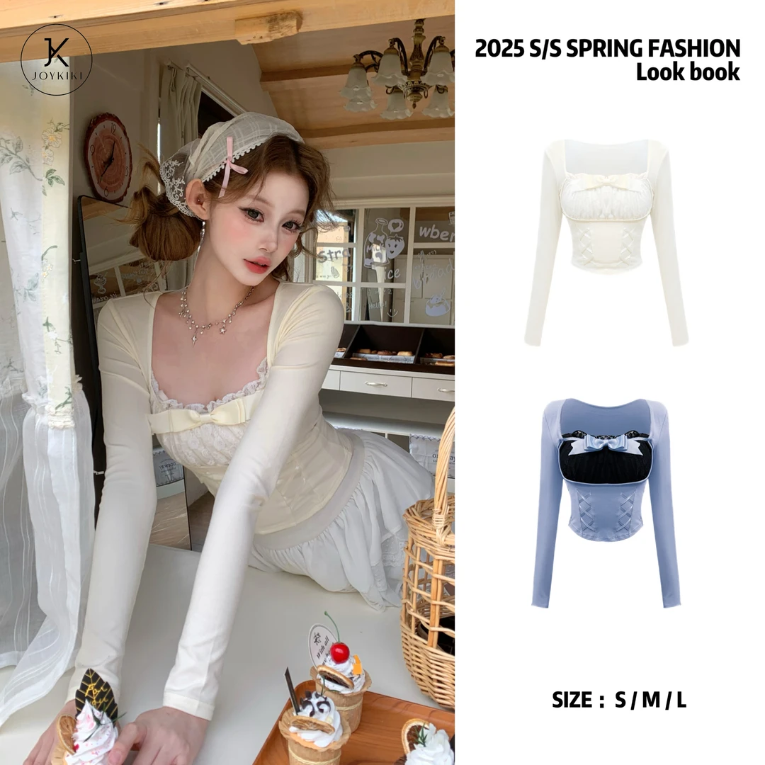 JOY KIKI金金【少女时代】春季少女休闲拼接蕾丝蝴蝶结上衣J25A087