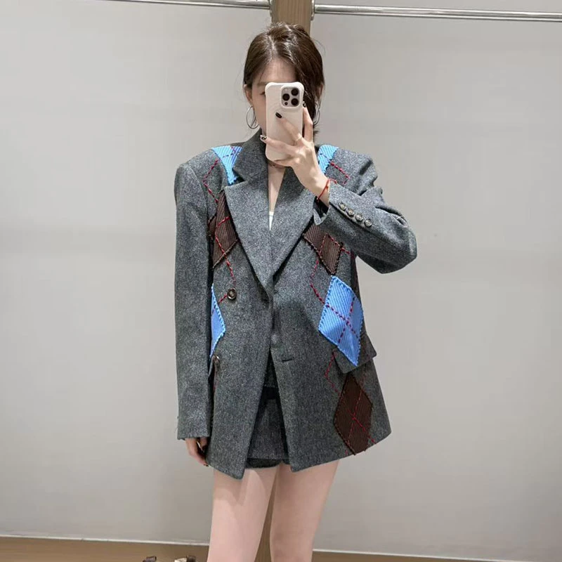 【现货】FORDARE福蝶25冬季毛织贴布菱形格长袖西装