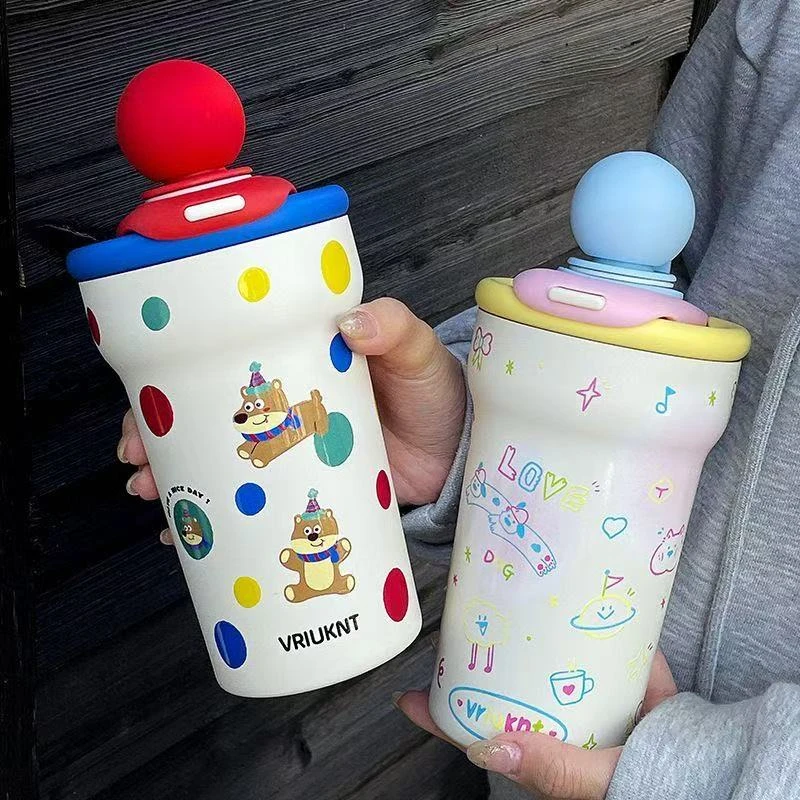 波点保温杯女双饮吸管杯316不锈钢可爱保冷大容量高颜值学生水杯