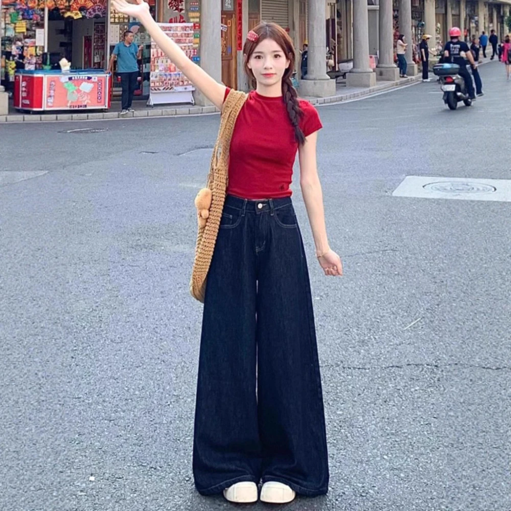 美式深蓝色阔腿牛仔裤女夏季薄款小个子宽松显瘦垂感拖地直筒裤潮