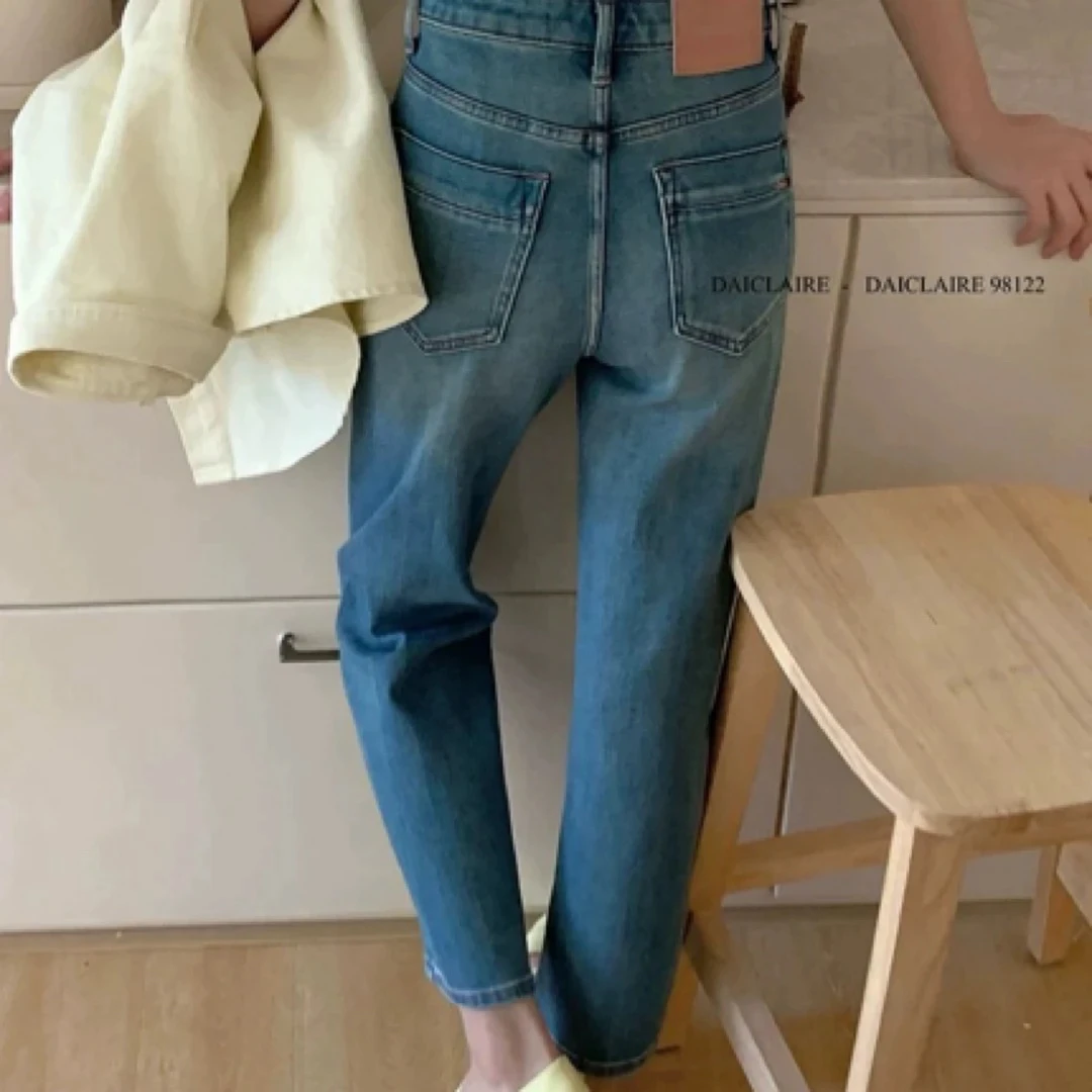 代嘉儿98122牛仔裤早春高腰显瘦弹力蓝色九分法棍裤