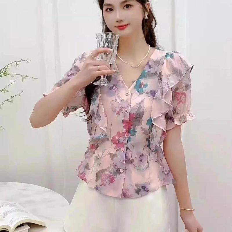 夏装荷叶边碎花v领短袖雪纺衫女2025年新款气质上衣时尚漂亮小衫