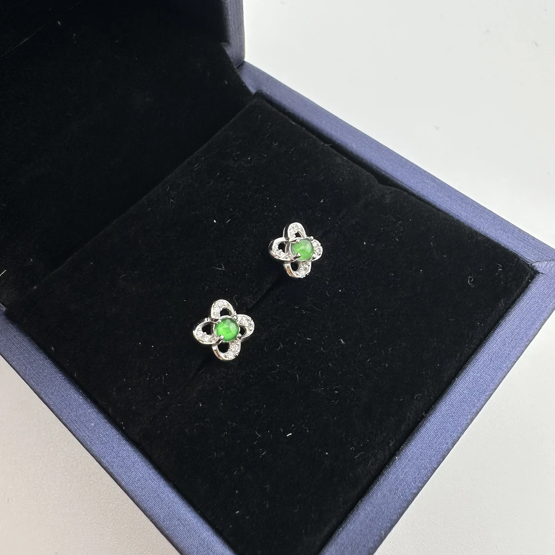 翡翠耳钉2号S925银镶百搭