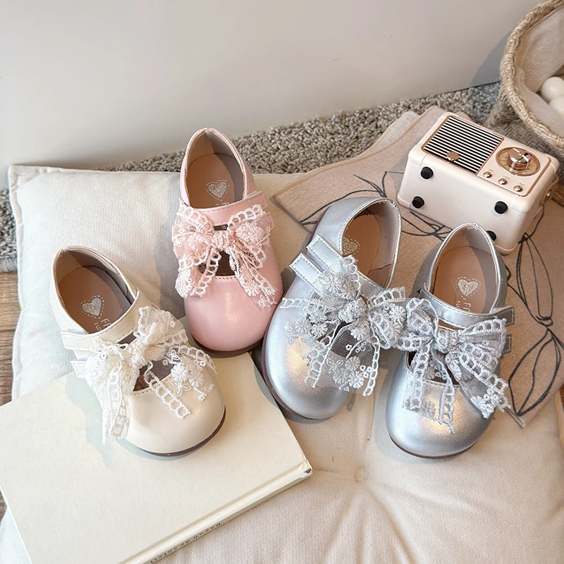 女童单鞋2025春秋季新款蕾丝蝴蝶结公主鞋韩版百搭洋气宝宝小皮鞋