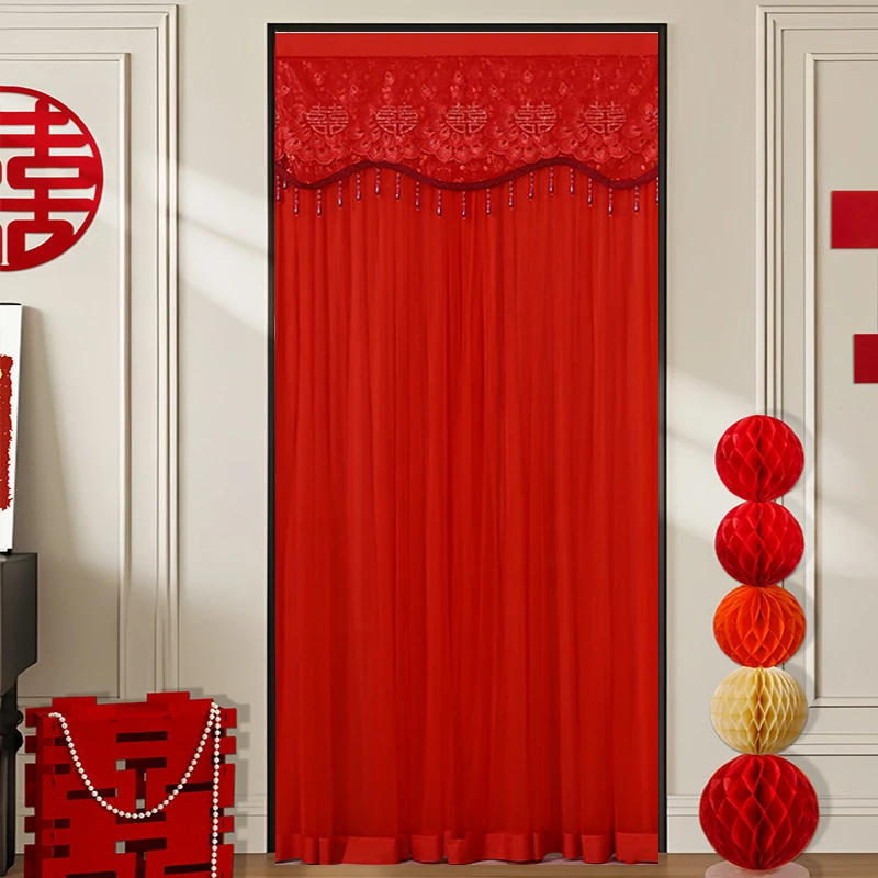 【红门帘】红色门帘结婚家用婚房门喜庆卧室免打孔蕾丝防蚊隔断纱帘