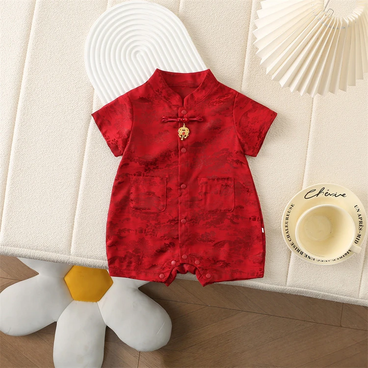 无袖中式男宝通用夏季中性哈衣连身衣喜庆百天服装满月中国风