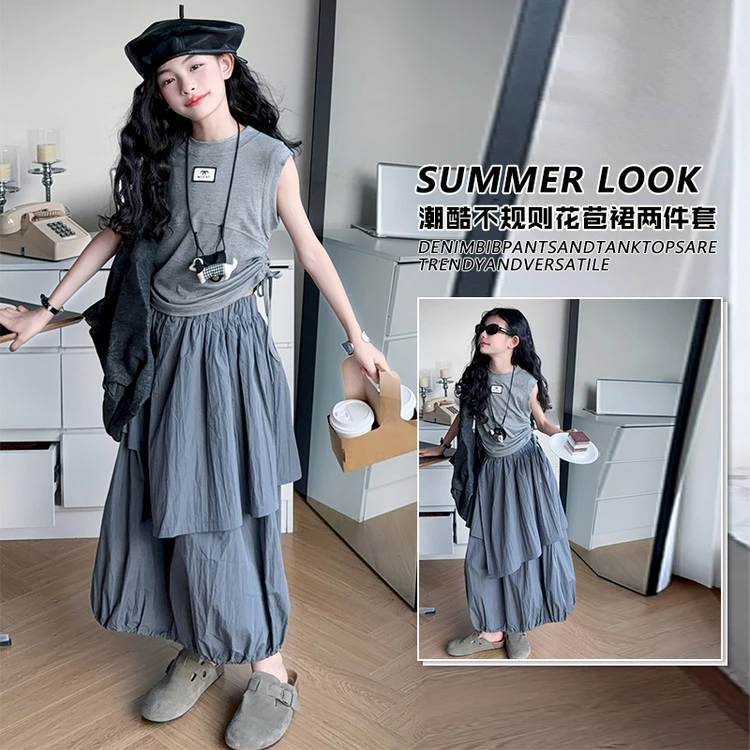 女童夏装裙子套装2025新款中大童洋气时髦短袖t恤儿童夏季半身裙