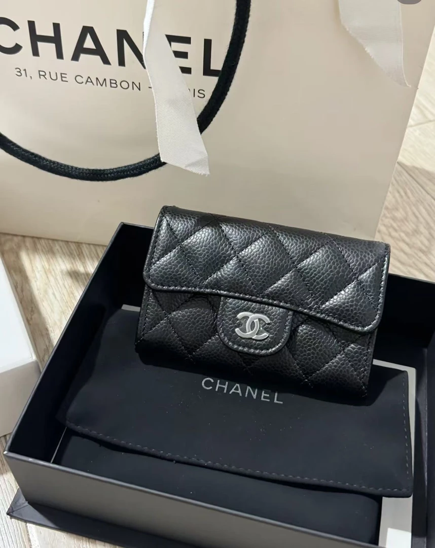 95新 Chanel/香奈儿 黑银鱼子酱卡包 25开 12097651