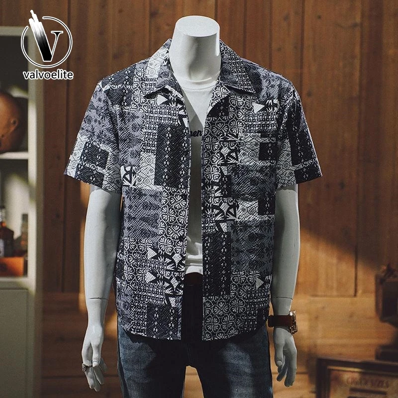 VALVOELITE美式短袖夏季衬衫男士碎花海边沙滩度假复古宽松薄上衣
