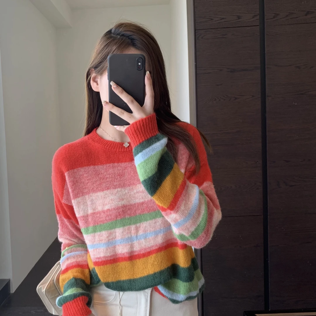 8915氛围感彩虹条纹针织开衫毛衣女秋冬新款