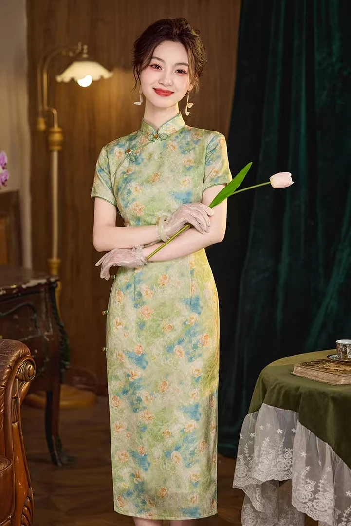 【翠影繁华】复古文艺风绿色国风修身长款显瘦日常气质旗袍