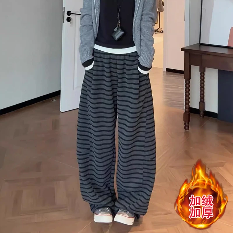 韩系复古松紧腰条纹休闲裤女冬季2025新款大码胖mm宽松拖地阔腿裤