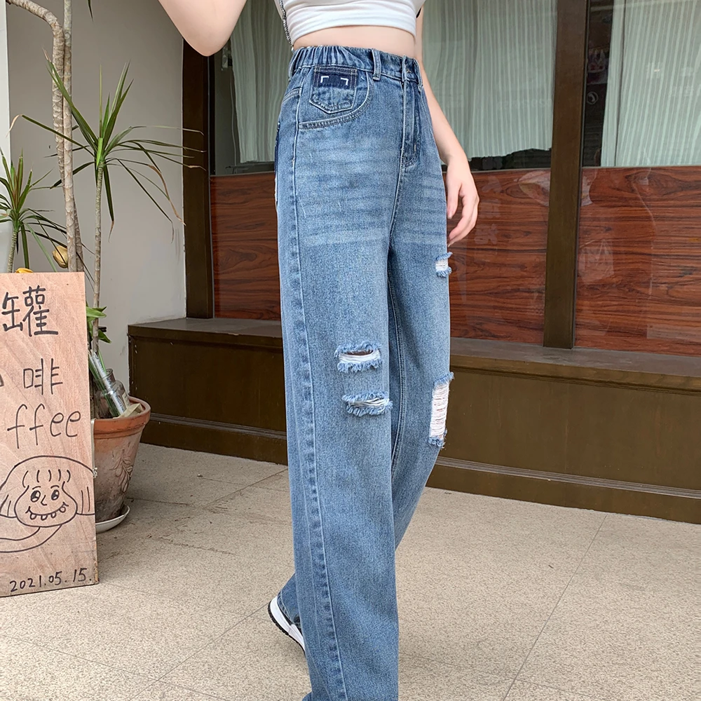 大码女装新款胖妹妹宽松型洞阔腿牛仔裤 2019