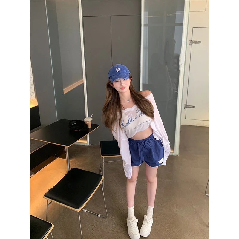 夏季出行休闲百搭时尚洋气小众印花薄款长袖上衣防晒衣高腰短裤女