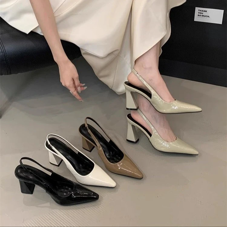 法式气质不累脚包头凉鞋尖头高跟鞋粗跟后空单鞋漆皮时尚女鞋