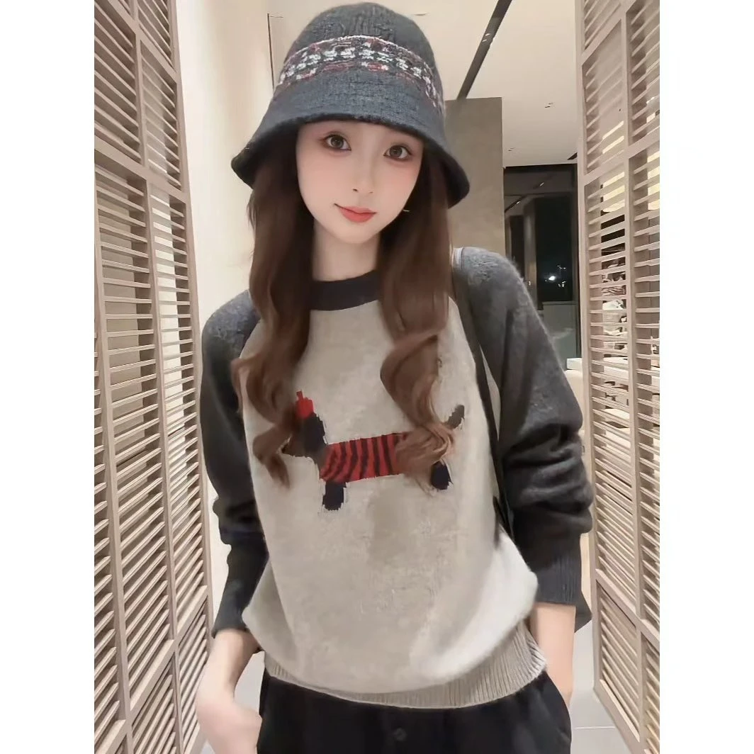 秋冬慵懒风减龄宽松针织衫百搭插肩袖小狗软糯套头毛衣