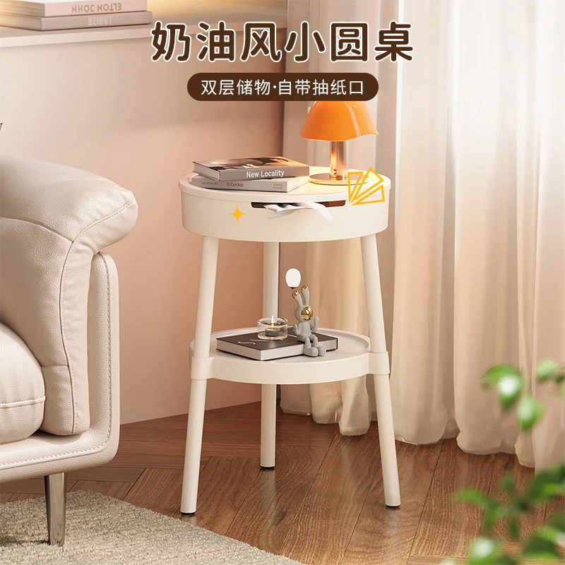 奶油风小圆桌双层多功能多用途可移动简约创意迷你床头置物架桌子