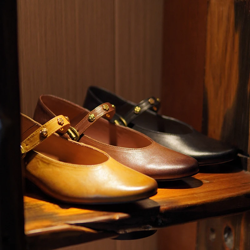 2025春新款玛丽珍鞋浅口女圆头真皮马皮平底法式复古单鞋