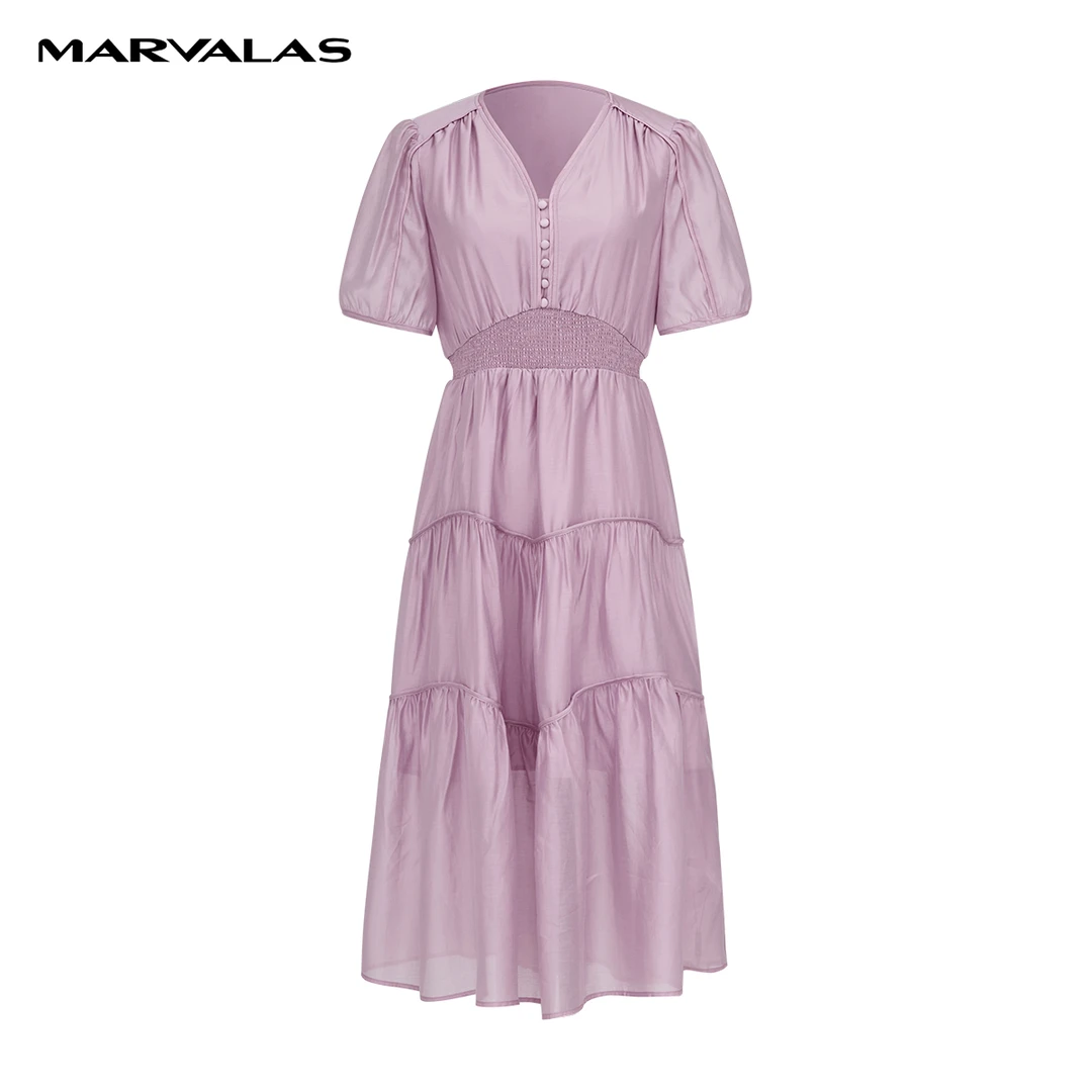 【珊珊专属】M534104728曼德诗莱赛尔天丝连衣裙V领纯色长裙女