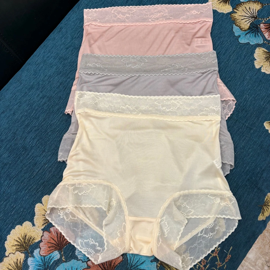 42针超细针织桑蚕丝透气舒适蕾丝包臀无痕高腰内裤666三条装