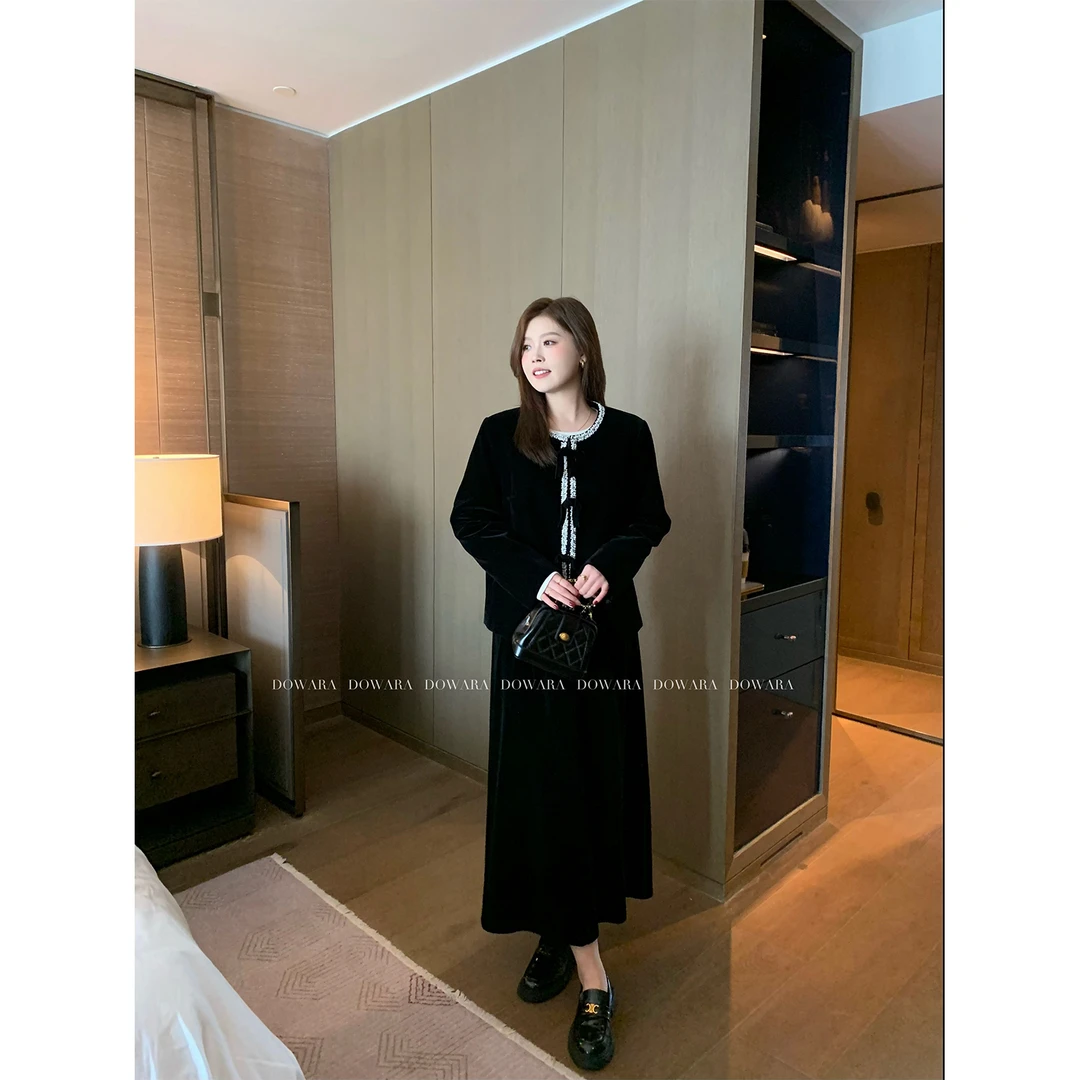 现货大婉酱微胖定制黑色松紧腰半身裙女中长款丝绒百搭A字裙5733D