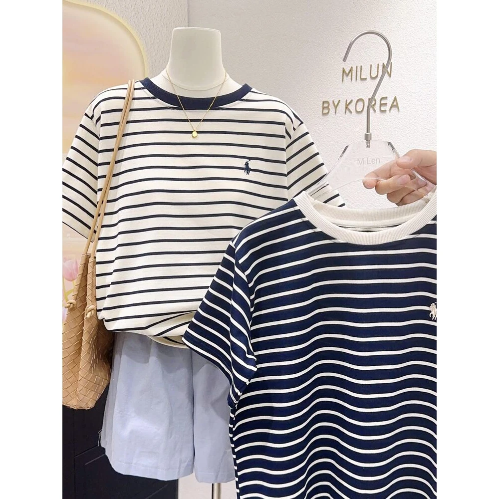 韩系小马刺绣撞色条纹大码女装2025夏季新款显瘦百搭宽松上衣女