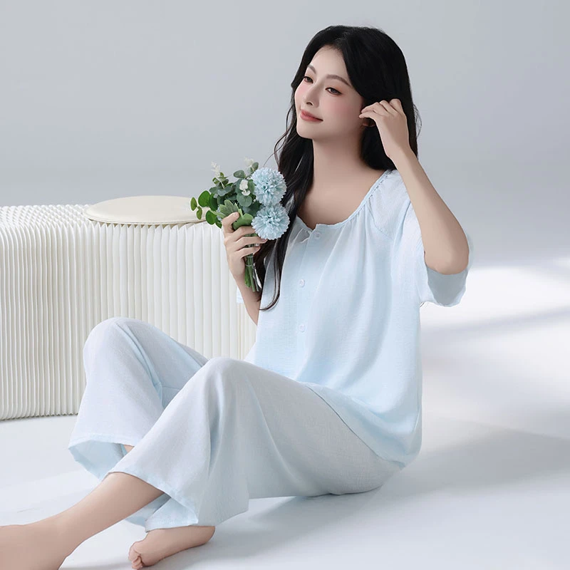 夏季新款云朵棉睡衣女纯色套装夏季居家服空调服Y01