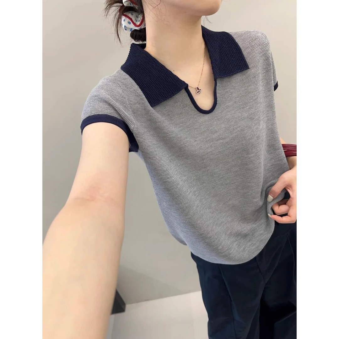 法式polo领撞色针织短袖上衣2025夏季时尚设计感小众别致短款t恤