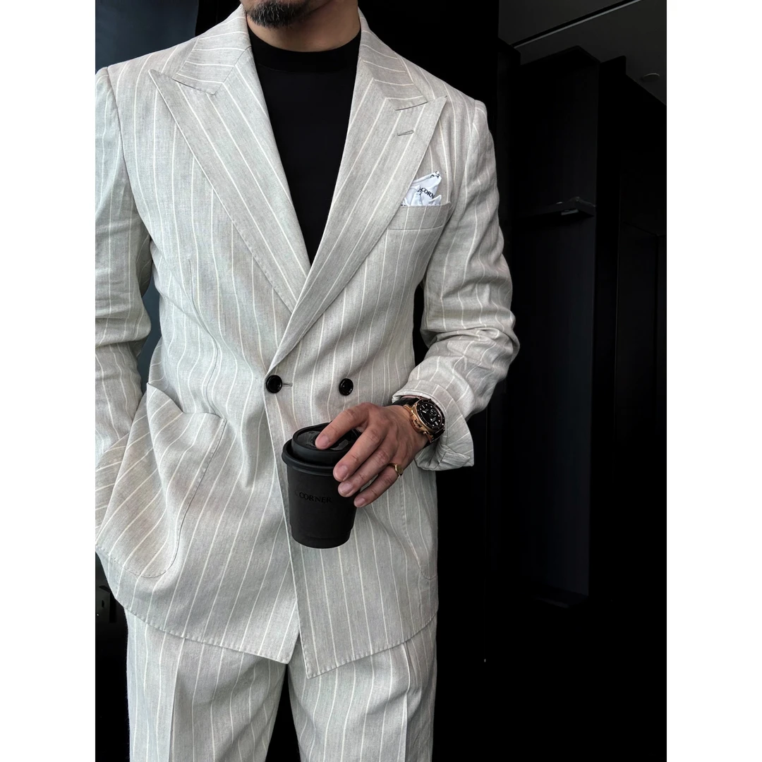 DRUNKCORNER | 黑标 | 双排戗驳头米色条纹金丝麻西服套装春季