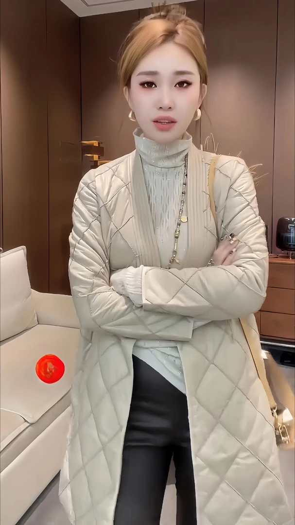 秋冬新款中长款V领轻薄夹棉长袖外套气质通勤百搭休闲保暖棉服女