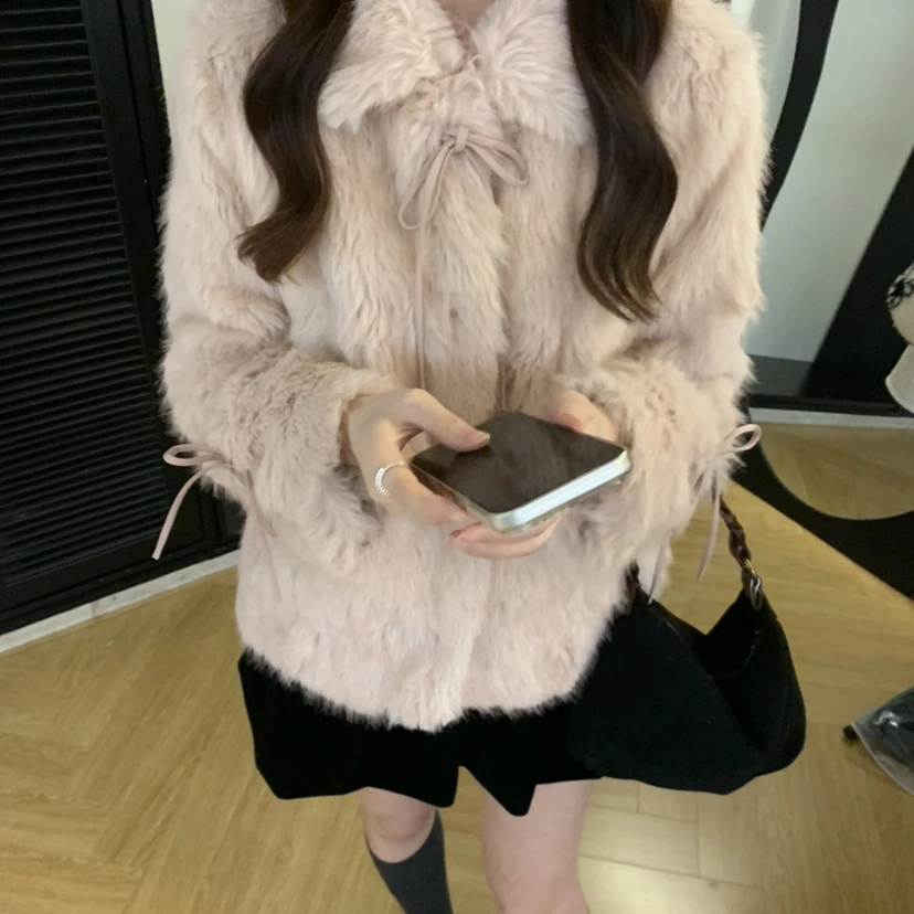 上新法式复古毛绒系带短款保暖羽绒服外套