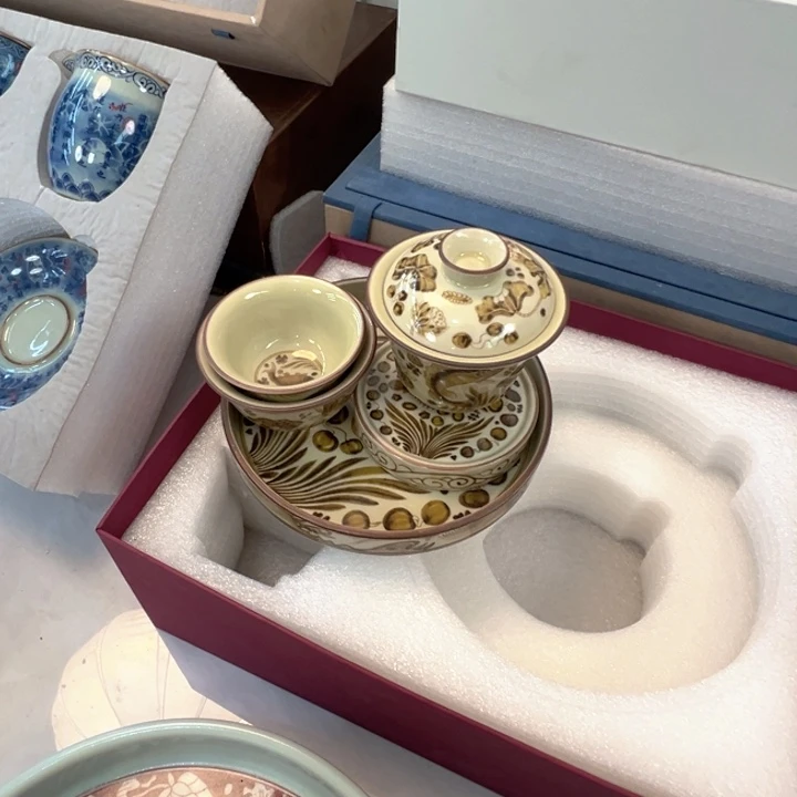 瓷片釉里金鱼藻纹五件套全品