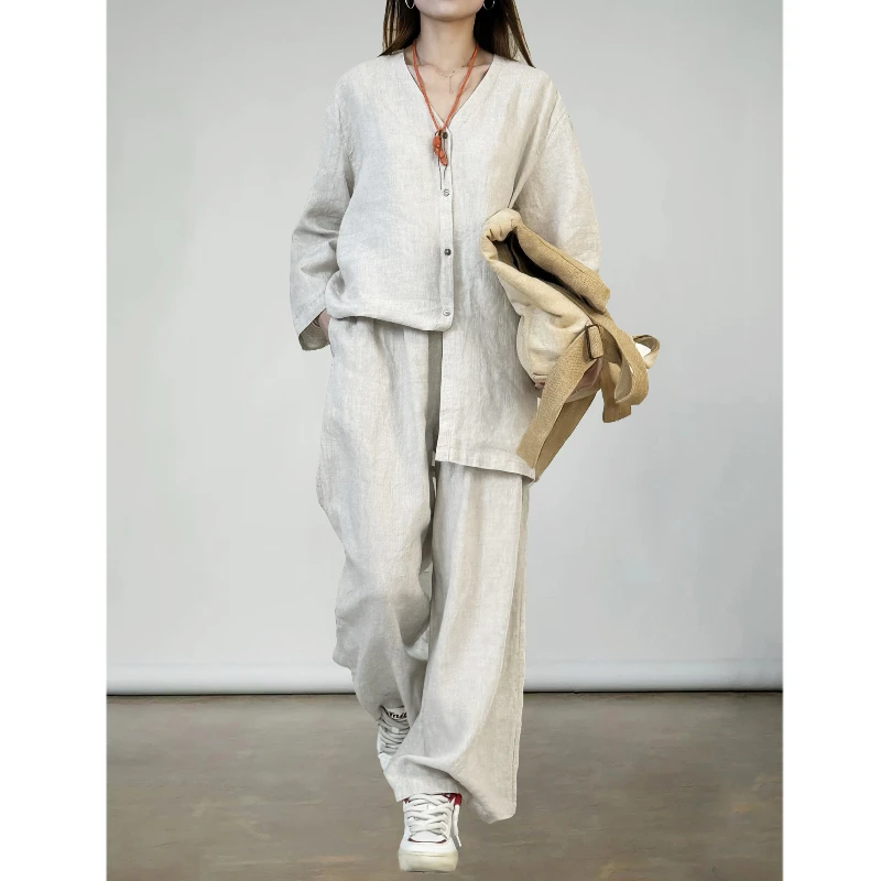 原创设计时尚气质亚麻长袖套装女2025新款宽松休闲两件套