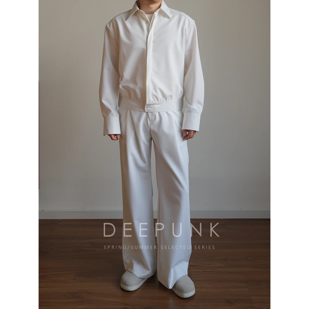 DEEPUNK春季纯色时尚短款衬衫式夹克休闲宽松微喇阔腿长裤套装251