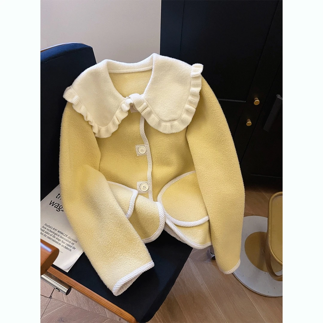 娃娃领小香风毛呢外套女秋冬新款韩版宽松小个子开衫上衣减龄洋气